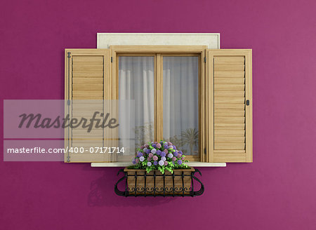 Detail of a wooden window with flower pot - rendering