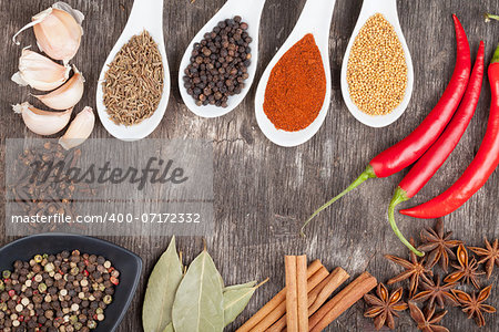 Herbs and spices on old wood table background with copyspace