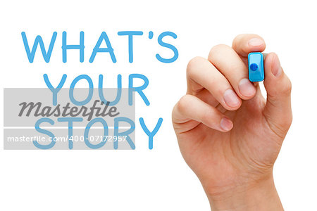 Hand writing What's Your Story with blue marker on transparent wipe board.