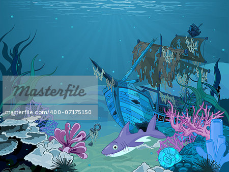 Underwater scene with old pirate ship