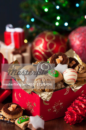 Sweet Christmas cookies in a present box. Selective focus.