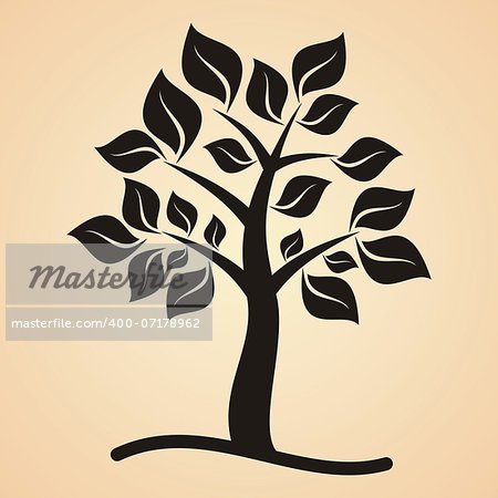 Black tree with leaves on apricot colored background