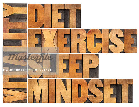 diet, sleep, exercise and mindset - vitality concept - isolated word abstract in vintage letterpress wood type