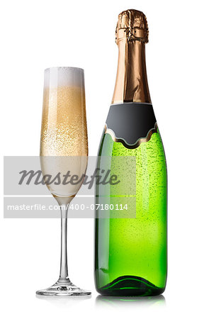 Bottle and glass of champagne isolated on a white background