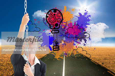 Composite image of blonde businesswoman pulling a chain