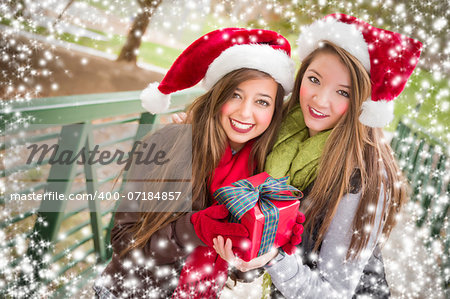 Two Attractive Festive Smiling Mixed Race Women Wearing Christmas Santa Hats Holding a Bow Wrapped Gift Outside with Snow Flakes Border.