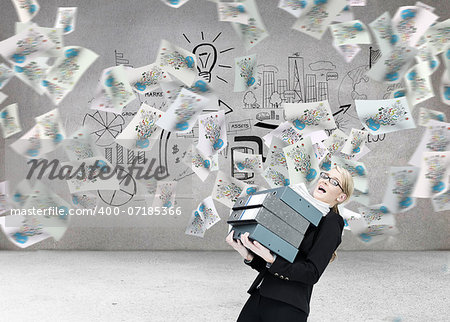 Composite image of overworked businesswoman carrying many folders
