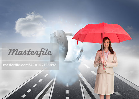 Composite image of attractive businesswoman holding red umbrella