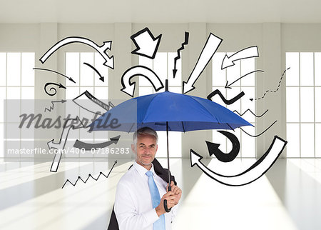 Composite image of mature businessman holding blue umbrella