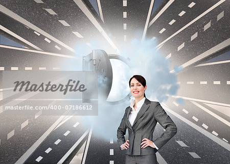 Composite image of attractive customer service agent with headset on