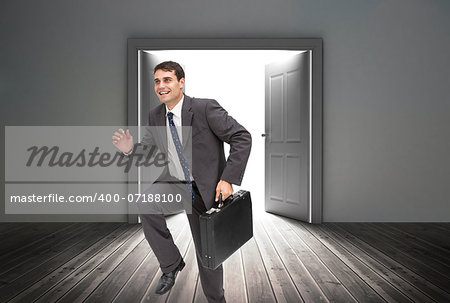 Composite image of cheerful attractive businessman in a hury