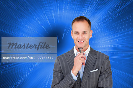 Composite image of smiling businessman holding glasses