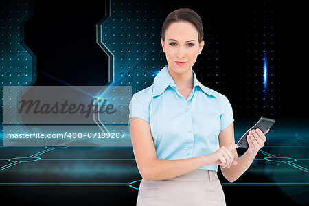 Composite image of serious classy businesswoman using calculator