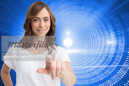 Composite image of attractive happy brunette pointing