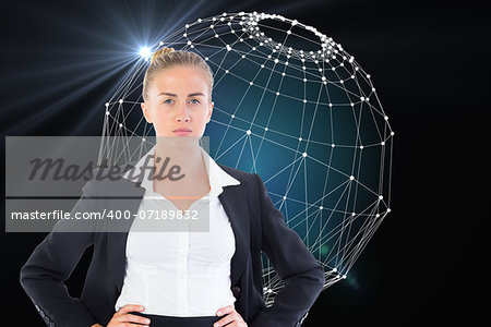 Composite image of blonde businesswoman standing with hands on hips