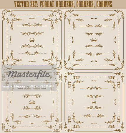 Vector set of gold decorative horizontal floral elements, corners, borders, frame, dividers, crown. Page decoration.