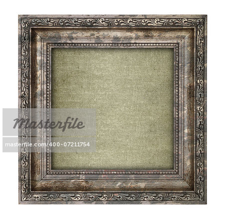 Ruined wooden frame with canvas interior isolated on white