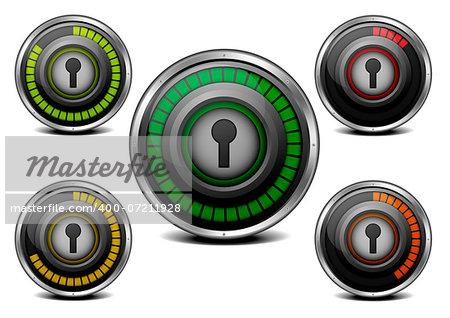 illustration of a metal framed password security meter with different levels