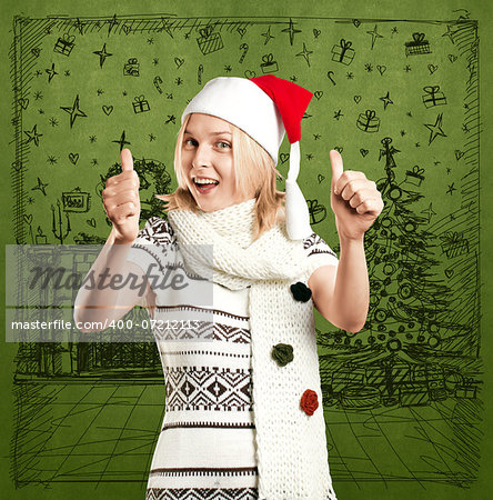 Woman with Santa hat against sketch background waiting for Christmas