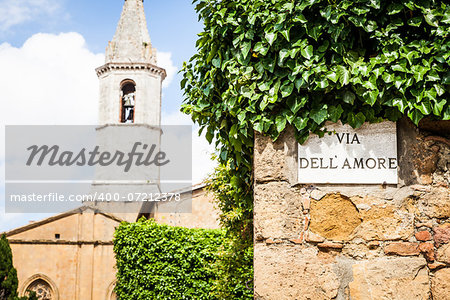 Italy - Pienza town. The streetsign of Via dell'amore (Love Street)