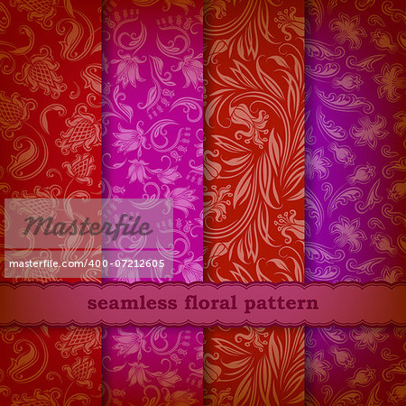 Set of 4 seamless floral pattern. Decorative flowers on a background. In vintage style. EPS10.