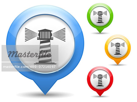 Map marker with icon of a lighthouse, vector eps10 illustration