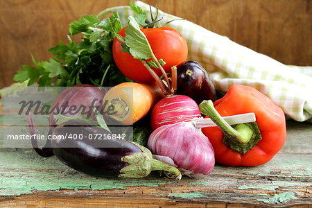 autumn harvest vegetables (eggplant, carrots, tomatoes, garlic)