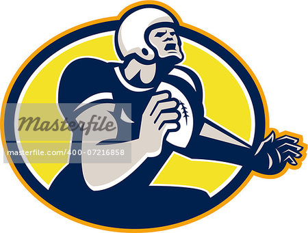 Illustration of an american football gridiron quarterback player throwing ball facing side set inside oval shape done in retro style.