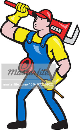 Illustration of a plumber holding carrying monkey wrench on shoulder and holding plunger done in cartoon style on isolated background.