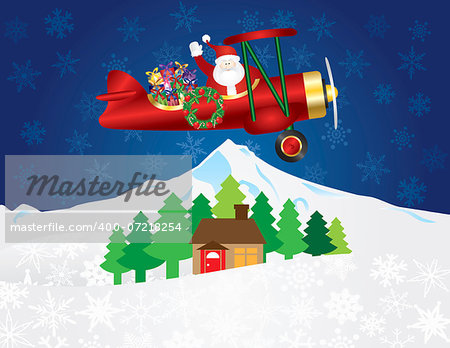 Santa Claus Waving on Biplane Delivering Wrapped Presents Flying Over Winter Snow Scene at Night Background Illustration