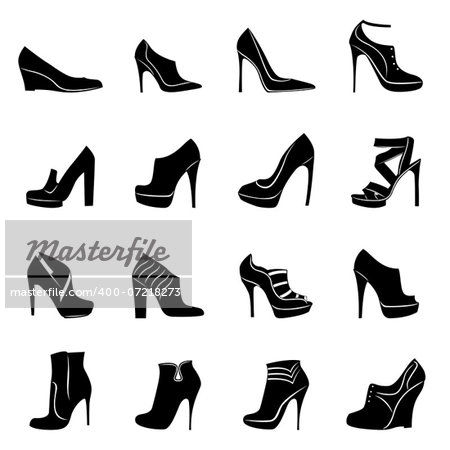Set of sixteen different models of stylish women footwear, black and white, hand drawing silhouette vector illustration
