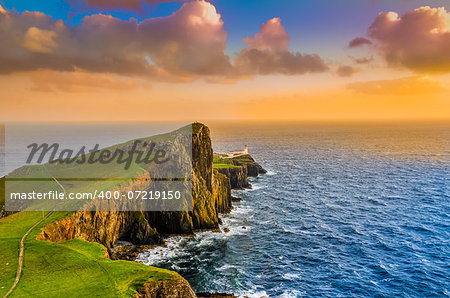 Colorful ocean coast sunset at Neist point lighthouse, Scotland, United Kingdom Colorful ocean coast sunset at Neist point lighthouse, Scotland, United Kingdom