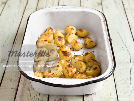 close up of a pan of roasted potatoes