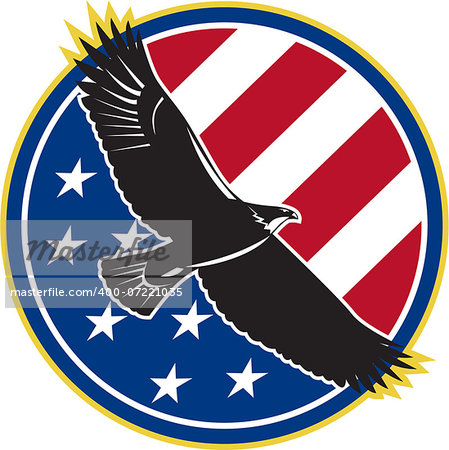 Illustration of a bald eagle soaring flying with american USA stars stripes flag set inside circle on isolated background done in retro style.