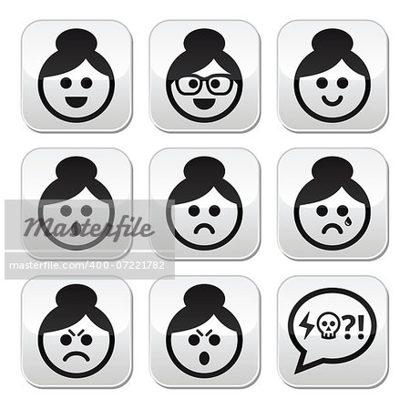 Collection of old woman, girl with asian hair style faces - happy, sad, angry