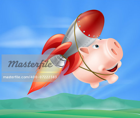 An illustration of a piggy bank with a rocket on his back flying through the air over a landscape