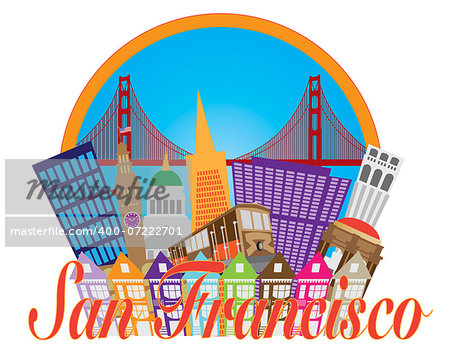 San Francisco Cailfornia Abstract Downtown City Skyline with Golden Gate Bridge and Cable Car Isolated on White Background Illustration