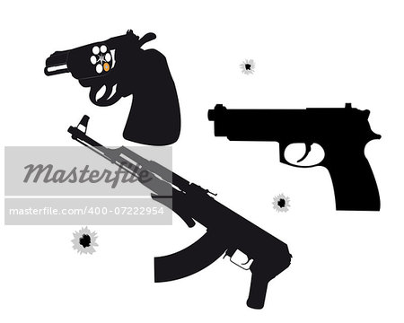 two pistols and a machine gun on a white background