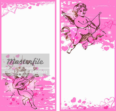 Vertical pink banners with Cupids for Valentine's day