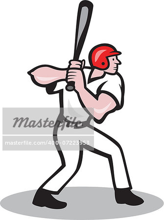 Illustration of a baseball player batter hitter batting with bat viewed from side done in cartoon style isolated on white background.