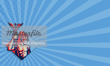 Business card template showing iillustration of Roman god Mercury patron god of financial gain, commerce, communication and travelers wearing winged hat and holding caduceus a herald's staff with two entwined snakes looking to side set inside circle done in retro style.