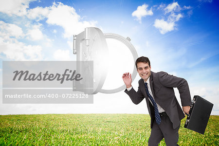 Composite image of happy attractive businessman in a hury