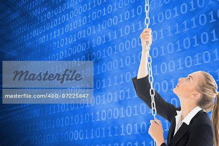 Composite image of blonde businesswoman pulling a chain