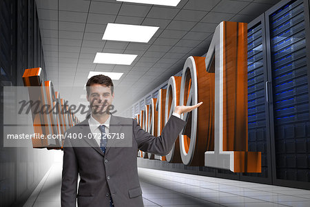 Composite image of happy attractive businessman presenting