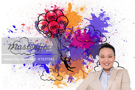 Composite image of smiling asian businesswoman pointing