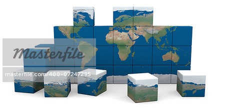 World map made of cubes falling apart isolated on white background. Elements of this image furnished by NASA.