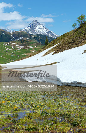 Summer mountain view to Biberkopf mount and snow thawing meadow (Warth, Vorarlberg, Austria).