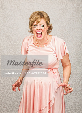 Desperate pregnant person in pink dress on gray background
