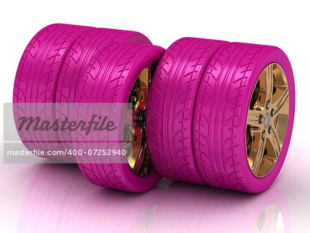 Concept of five pink wheels with golden disks on white background