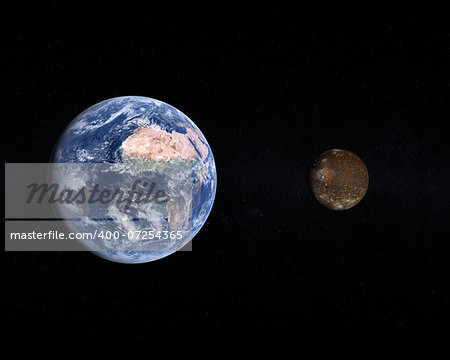 A rendered size comparison of the Jupiter Moon Callisto and Planet Earth on a starry background.